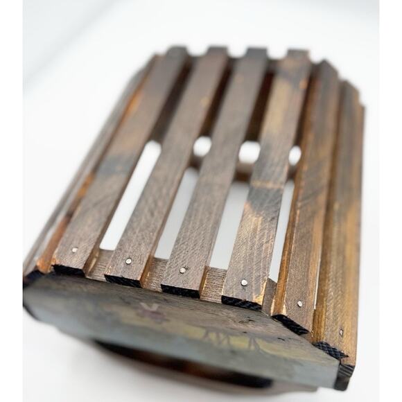 Vintage Wooden Slat Basket w/ Handles Hand Painted Outdoor Farm Scene Dark Wood - Picture 6 of 10